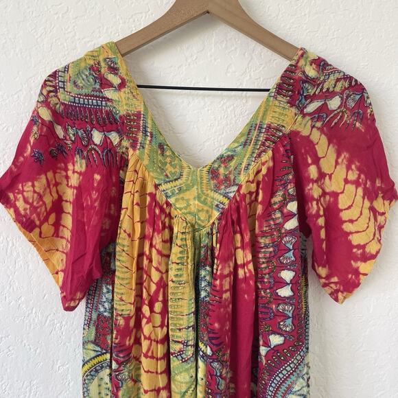 Sacred Threads Boho Tie Dye Top V-Neck Short Sleeve Flowy Hippie Festival S/M - Picture 7 of 14